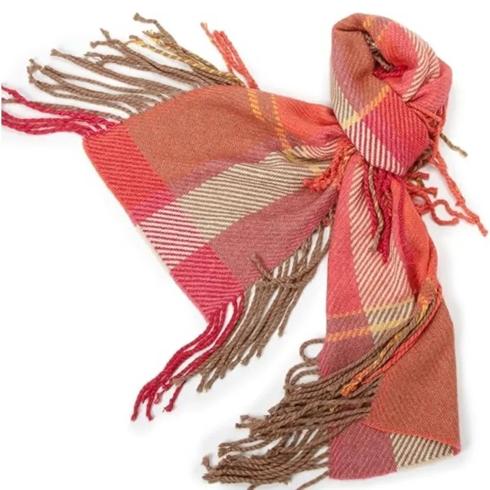 Echo gorgeous double fringe scarf pink tan and red